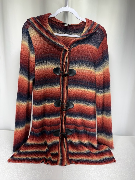 Roz & Ali Sweaters - Roz & Ali Rust Navy Cream Striped Toggle Hooded Cardigan Sweater 4601